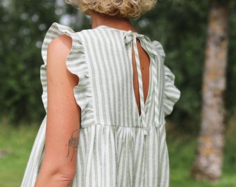 Flutter sleeves hand ruffled skirt striped linen dress AMANDA • OFFON CLOTHING