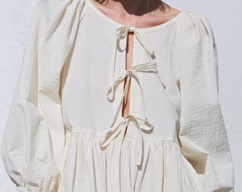 Reversible seersucker cotton dress FELDA with ties • OFFON Clothing