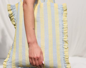 Striped Linen Tote Bag with Ruffles - Handmade by OFFON