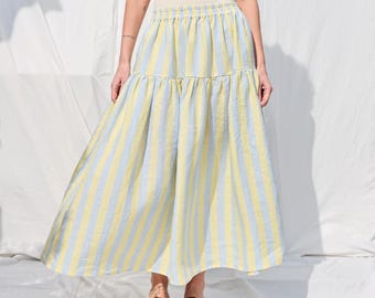 Striped linen ruffled skirt with elastic waist • OFFON CLOTHING