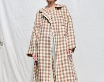 Linen oversized coat in checks / Double breasted linen overcoat / OFFON CLOTHING
