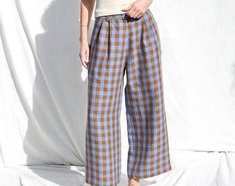Pantaloni cropped a gamba larga in lino a quadri, modello rilassato • OFFON Clothing