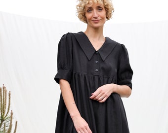 Loose sailor collar black linen dress AVRIL / OFFON Clothing