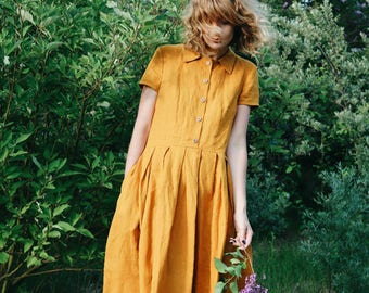 Linen Dress - Mustard Linen Shirt Dress - Short Sleeved Linen Dress - Handmade by OFFON