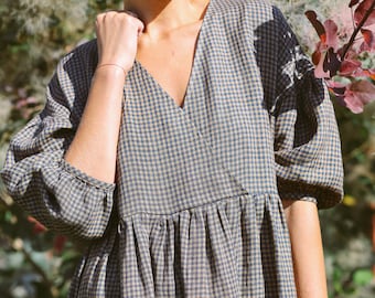 Gingham linen V-neck puffy sleeve dress • OFFON CLOTHING