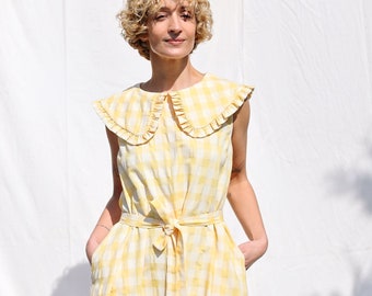 Collared sleeveless dress in yellow seersucker checks PHOEBE / OFFON Clothing