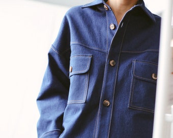 Indigo blue denim oversized overshirt - jacket • OFFON Clothing