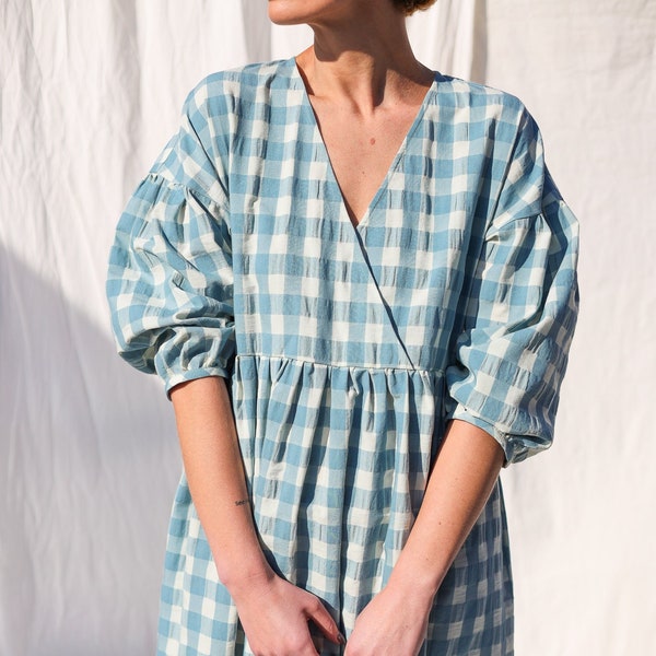 Mint seersucker checks V-neckline dress • OFFON CLOTHING