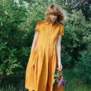 Linen Dress - Mustard Linen Shirt Dress - Short Sleeved Linen Dress - Handmade by OFFON