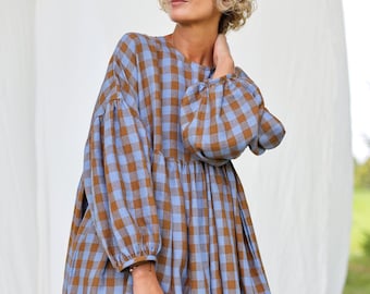 Oversized linnen jurk GRETA in Bluebonnet-ruiten - Handgemaakt door OFFON CLOTHING