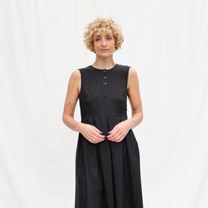 Ready to ship/ Sleeveless hand pleated skirt black linen dress JUNE / OFFON CLOTHING