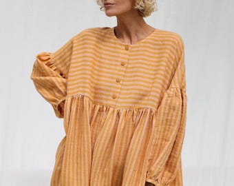 Oversized drop shoulder linen dress GRETA in stripes • OFFON CLOTHING