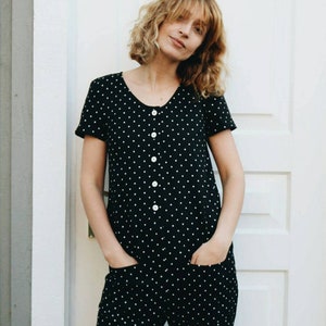 Linen Polka Dot Jumpsuit / Short Sleeve Linen Jumpsuit / Handmade by OFFON