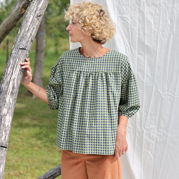Dropped shoulders gingham blouse LIA • OFFON CLOTHING