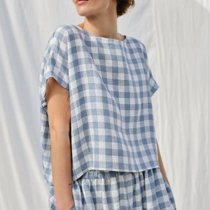 Checkered linen oversized short sleeve top / OFFON CLOTHING