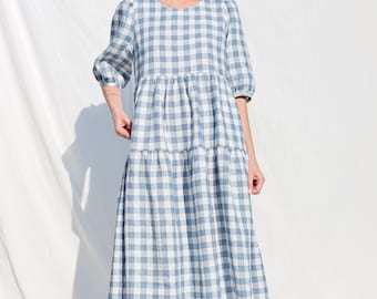 Gestuftes Leinenkleid mit Puffärmeln JULIETTE aus Leinenstoff • Handgefertigt von OFFON