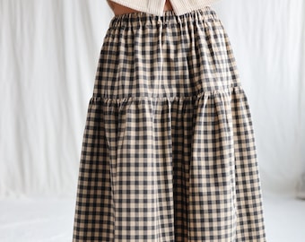 Gelaagde rok van biologisch katoen met gingham-ruit en elastische taille • OFFON CLOTHING