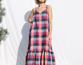 Sleveless veelkleurige geruite linnen jurk met gegolfde zoom van OFFON Clothing