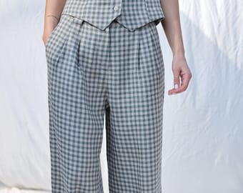 Pleated gingham linen palazzo trousers • OFFON Clothing