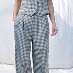 Pleated gingham linen palazzo trousers • OFFON Clothing