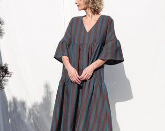 Striped Linen Tiered Dress ADELE • Summer Bell Sleeve Dress • Handmade Linen Dress by OFFON