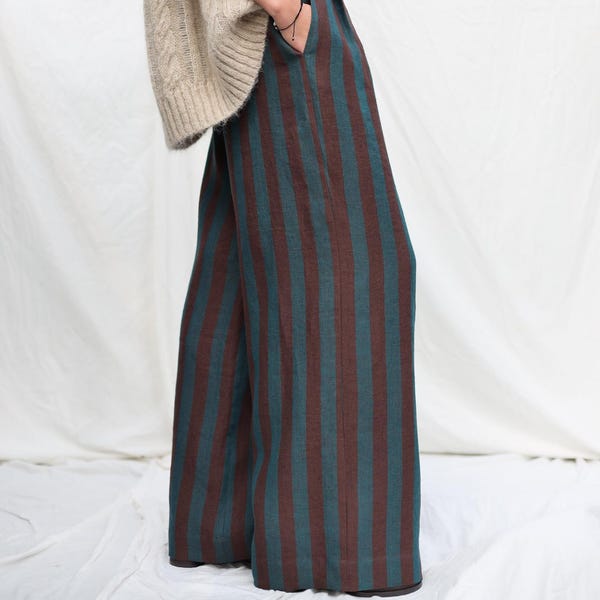 Pantalon palazzo taille haute en lin rayé • OFFON VÊTEMENTS