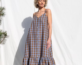 Sleveless geruite linnen jurk met gegolfde zoom van OFFON Clothing