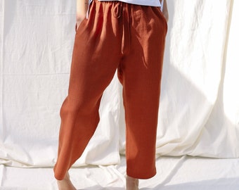 Linen pull on trousers with elastic waistband • OFFON Clothing