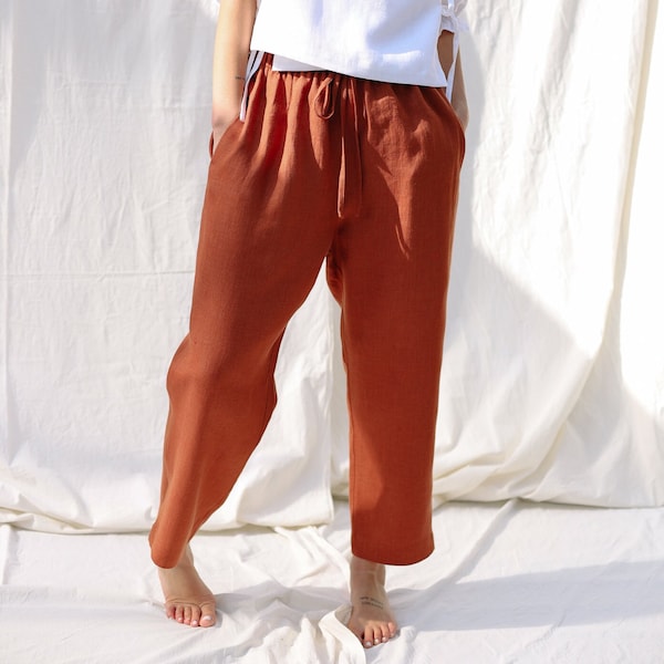 Linen pull on trousers with elastic waistband • OFFON Clothing