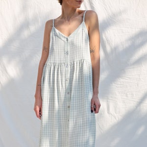 Sleeveless sundress ELOISE in double gauze mint checks cotton / OFFON Clothing