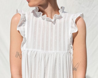 White plumetis flutter sleeves dress MONET • OFFON CLOTHING