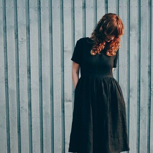 Black Linen Short Sleeve High Waist Dress / Handmade by OFFON Clothing image 2