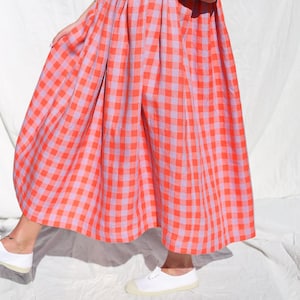 Sleeveless linen smock dress in pink checks • OFFON CLOTHING