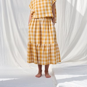 Double gauze mustard checks skirt with elastic waistband OFFON CLOTHING image 2