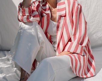 Handmade Striped Linen Blazer - Linen Oversized Summer Jacket • OFFON CLOTHING