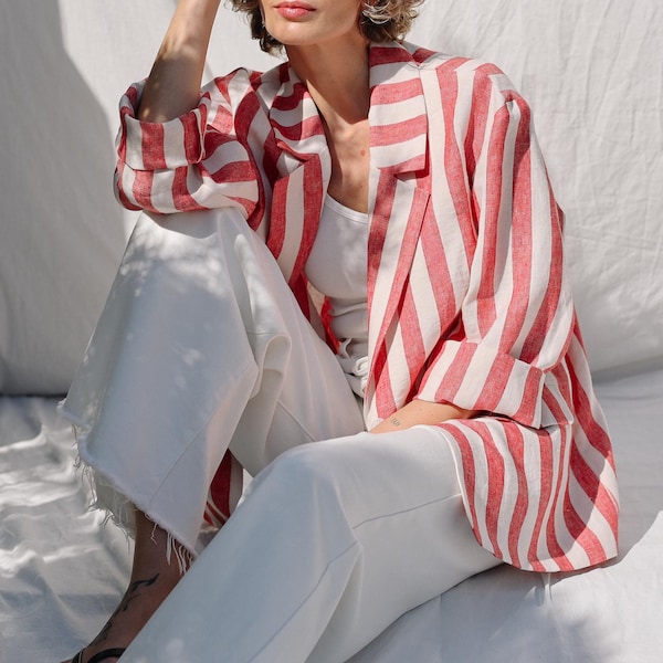 Handmade Striped Linen Blazer - Linen Oversized Summer Jacket • OFFON CLOTHING