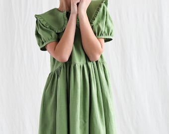 Foliage linen puritan collar dress MARTA / OFFON Clothing