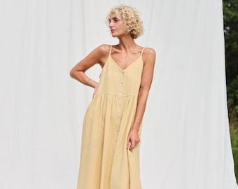 Kleid aus doppellagigem Baumwollgewebe mit verstellbaren Trägern in Ananasfarbe • OFFON Clothing