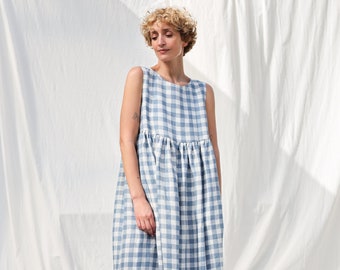 Linen light blue checks sleeveless smock dress • OFFON CLOTHING