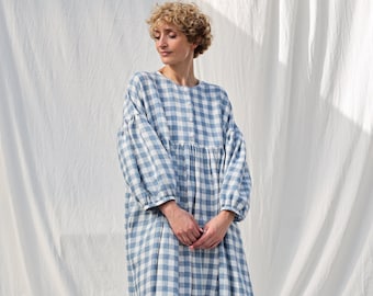 checkered powder blue dress ZAFUL Women's Light Blue Gingham Puff Sleeve Milkmaid Dress, Size M