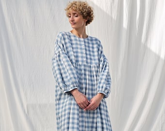 Light blue checks oversized voluminous sleeves linen dress GRETA • OFFON CLOTHING