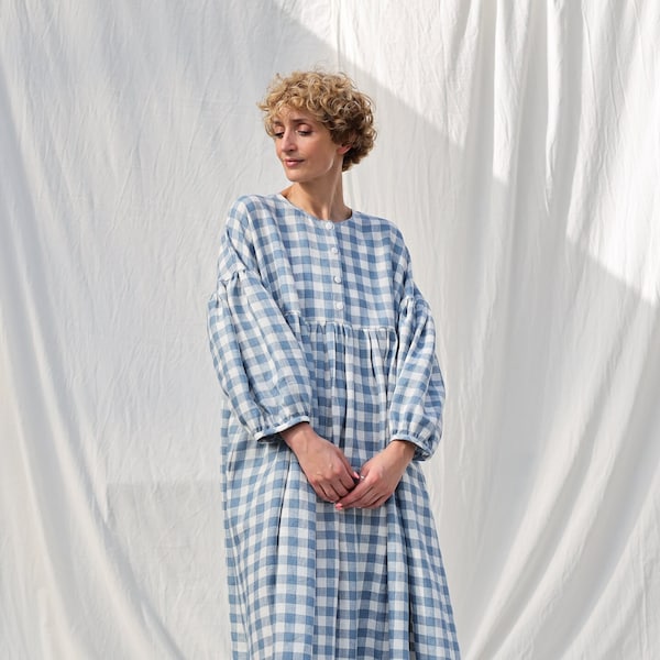 Light blue checks oversized voluminous sleeves linen dress GRETA • OFFON CLOTHING