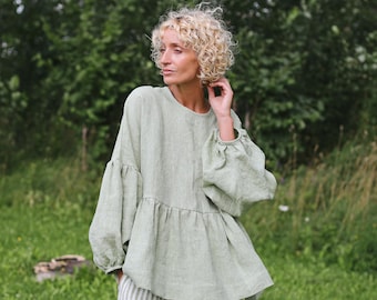 Oversize-Leinenbluse mit überschnittenen Schultern und Schößchen von EVE by OFFON Clothing