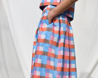 Checks print silky cotton pleated skirt • OFFON CLOTHING