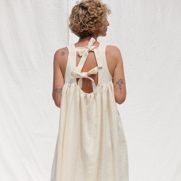 Robe longue dos nu sans manches en lin ivoire LILOU / OFFON CLOTHING