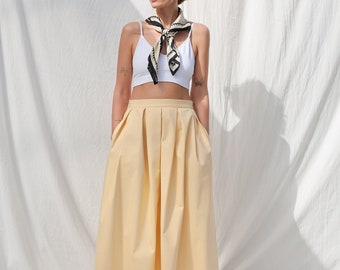 Pale yellow heavy cotton pleated skirt • OFFON CLOTHING