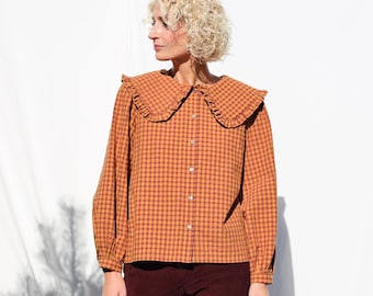 Seersucker Checks Puritan Collar Long Sleeve Blouse • Statement Collar Gingham Top Women • Checkered Seersucker Cotton Shirt