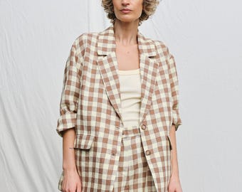 Handmade Checkered Linen Blazer - Linen Oversized Summer Jacket • OFFON CLOTHING