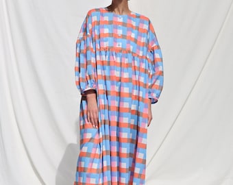 Oversized voluminous sleeves checks print silky cotton dress GRETA • OFFON CLOTHING