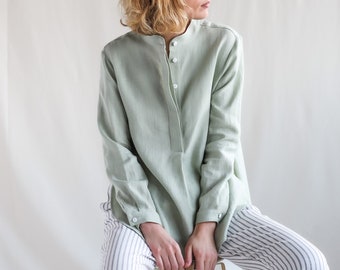 Linen long sleeve mandarin collar shirts. Pull on long shirt made by OFFON CLOTHING